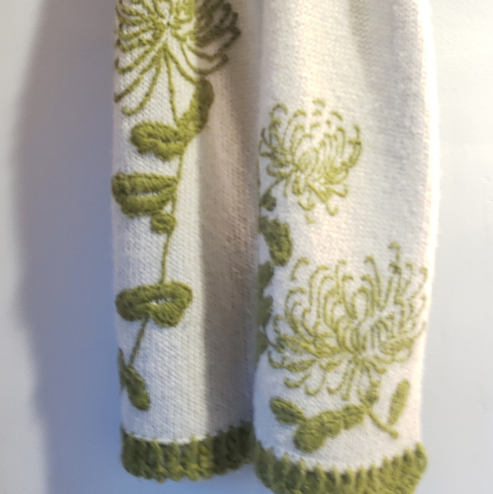 Wooden Ship Scarf-Cream with Green Trim and Flower Details-Warm and Fashionable